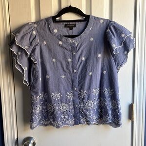 Calligraphie Chambray Floral Embroidered Eyelet Ruffled Cropped Blouse Size L